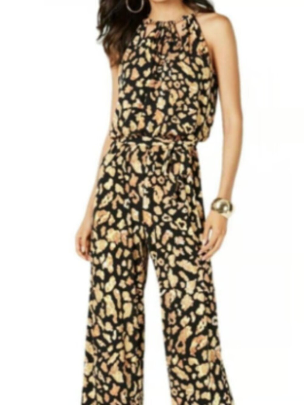 Thalia Sodi Leopard Print Chain Neck Jumpsuit Size Small Black Gold Wide Leg